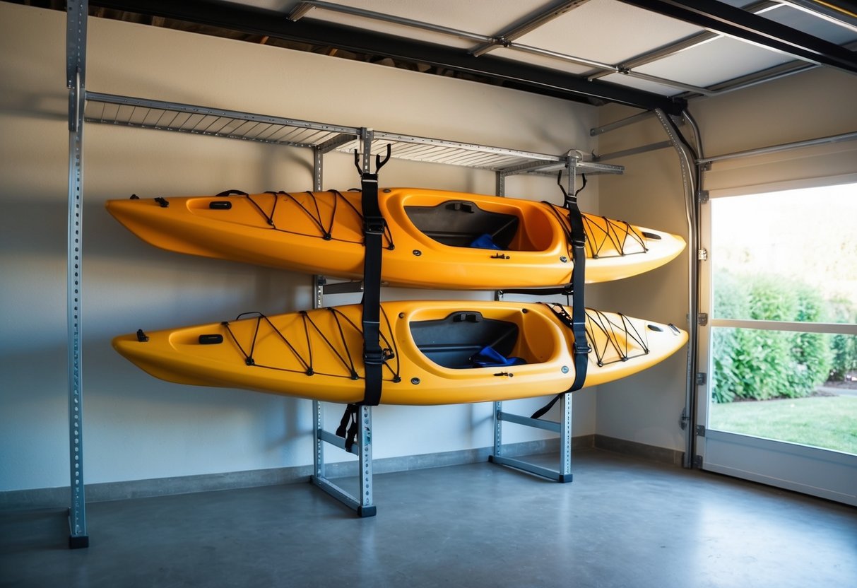 A garage with a sturdy metal kayak storage rack holding two kayaks, with hooks and straps for secure storage