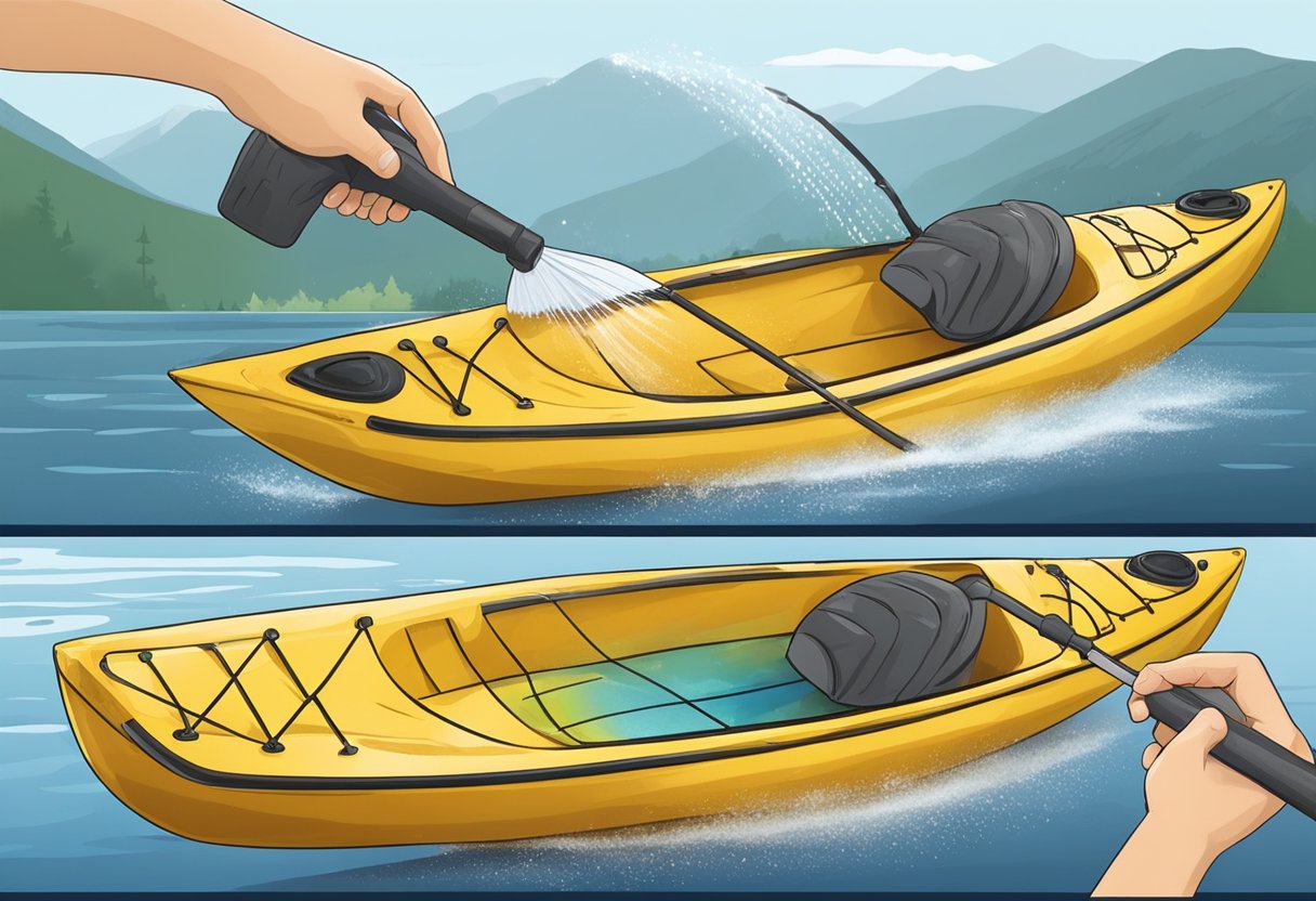 A person gently washing a composite kayak with a hose and sponge, then applying a protective wax coating to the hull