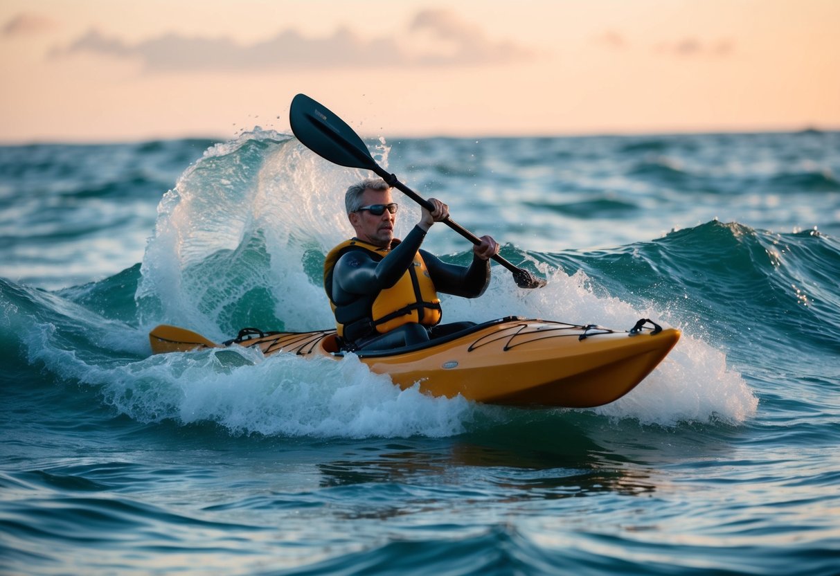 A sea kayak navigating through turbulent waves, using advanced techniques for rough water handling