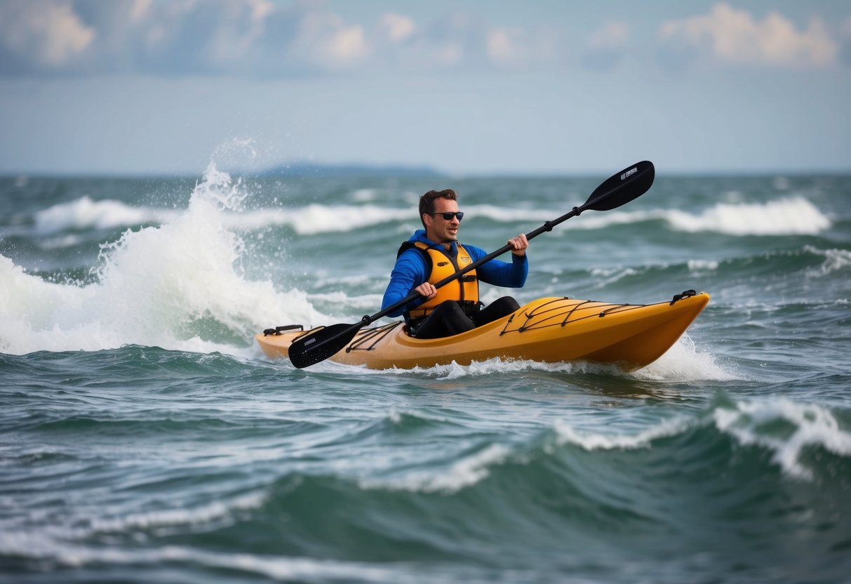 A sea kayak navigating through rough water, with waves crashing and wind blowing