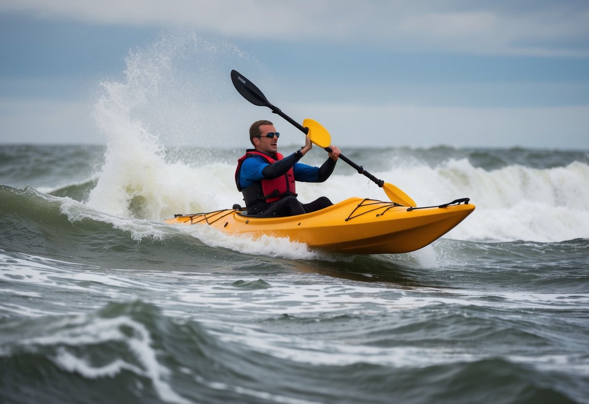 A sea kayak navigating through rough waters, waves crashing against the boat, spray flying in the air