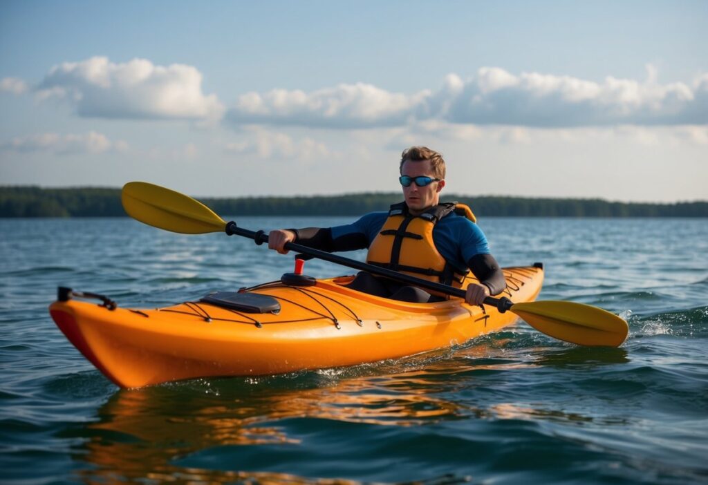 A sea kayaker swiftly performs a self-rescue maneuver, using a paddle float and a bilge pump to re-enter the kayak