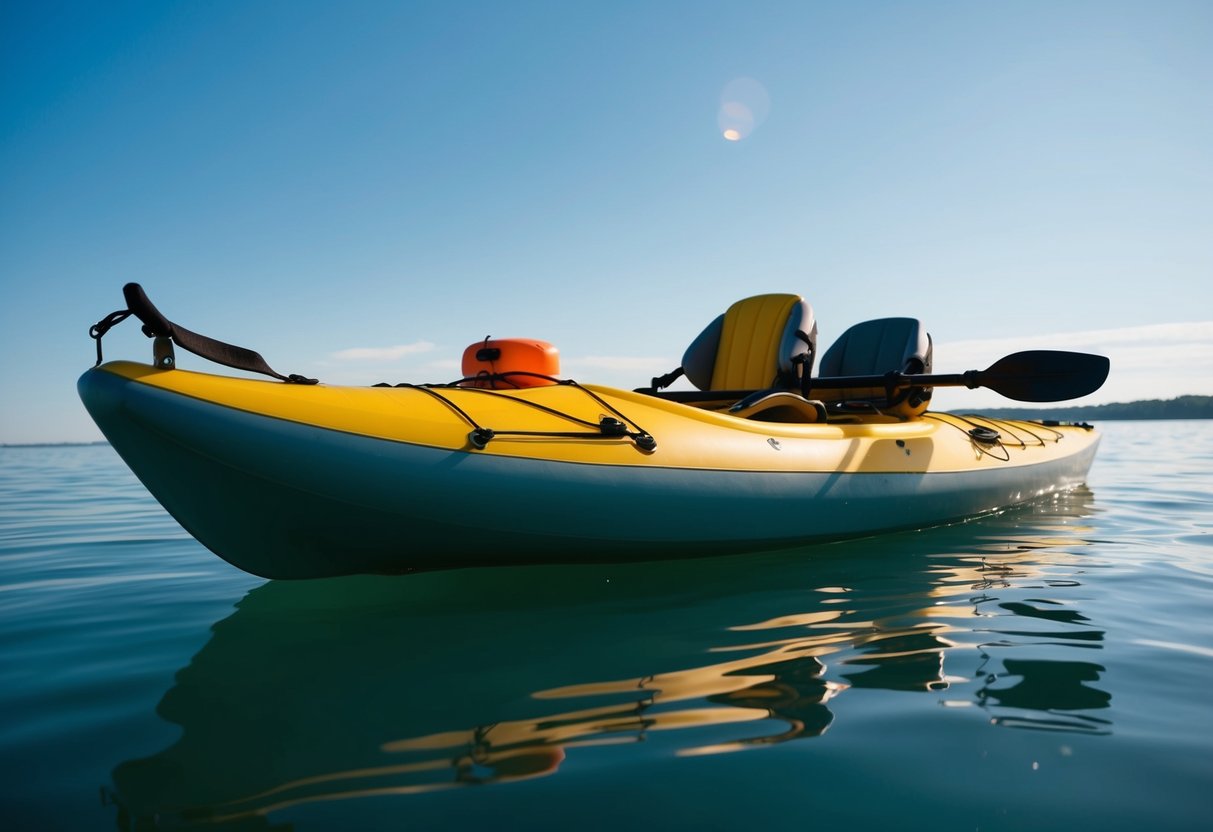 A sea kayak with essential rescue gear including a paddle float, bilge pump, and a rescue stirrup, floating on calm water with a clear blue sky above