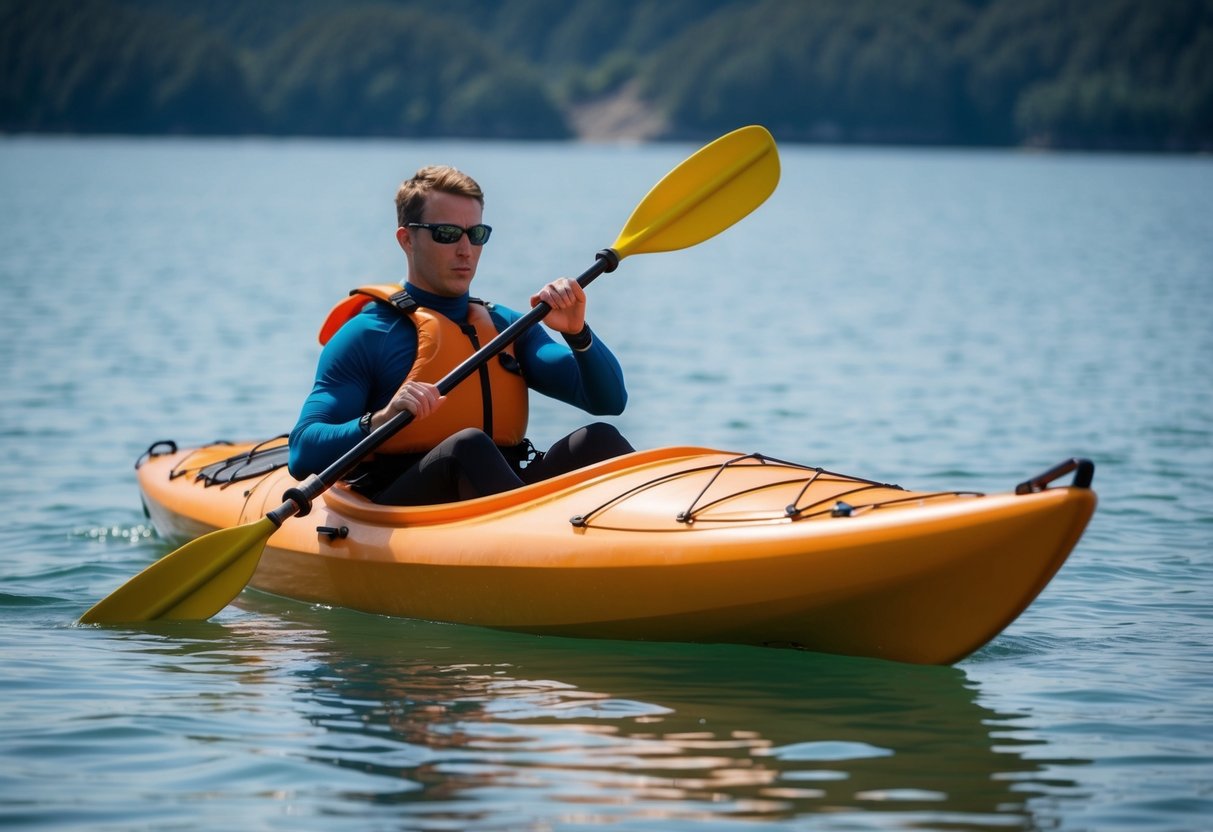 A sea kayak capsized in calm waters, with the paddler performing a self-rescue technique using a paddle float and a bilge pump