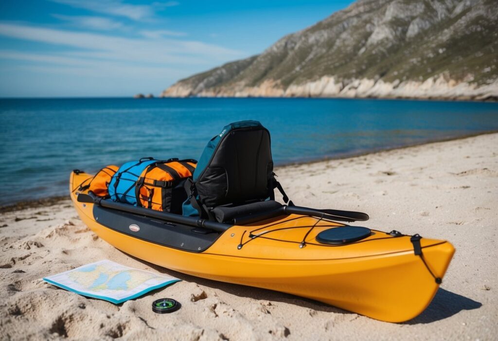 A sea kayak loaded with gear sits on a sandy beach, surrounded by rugged coastline and calm blue waters. A map and compass lay nearby