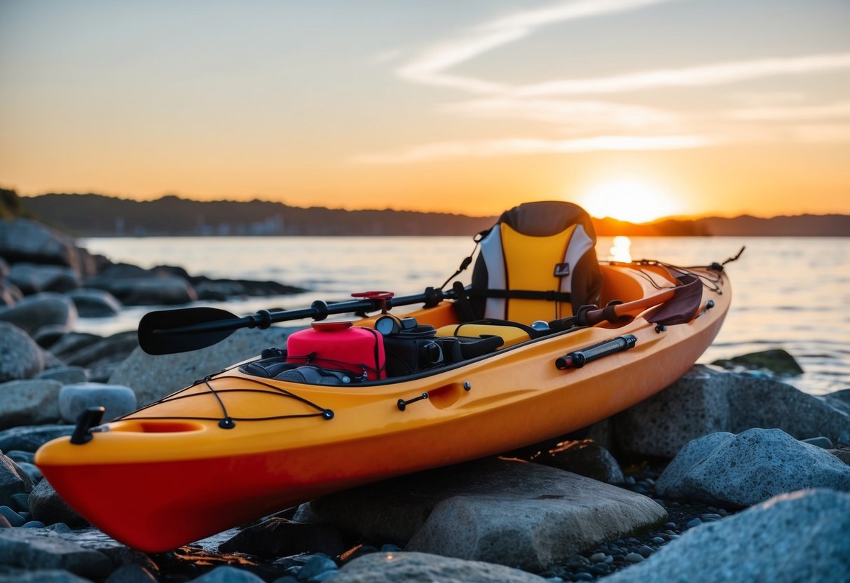 A sea kayak loaded with safety gear and navigation tools on a rocky shore at sunset