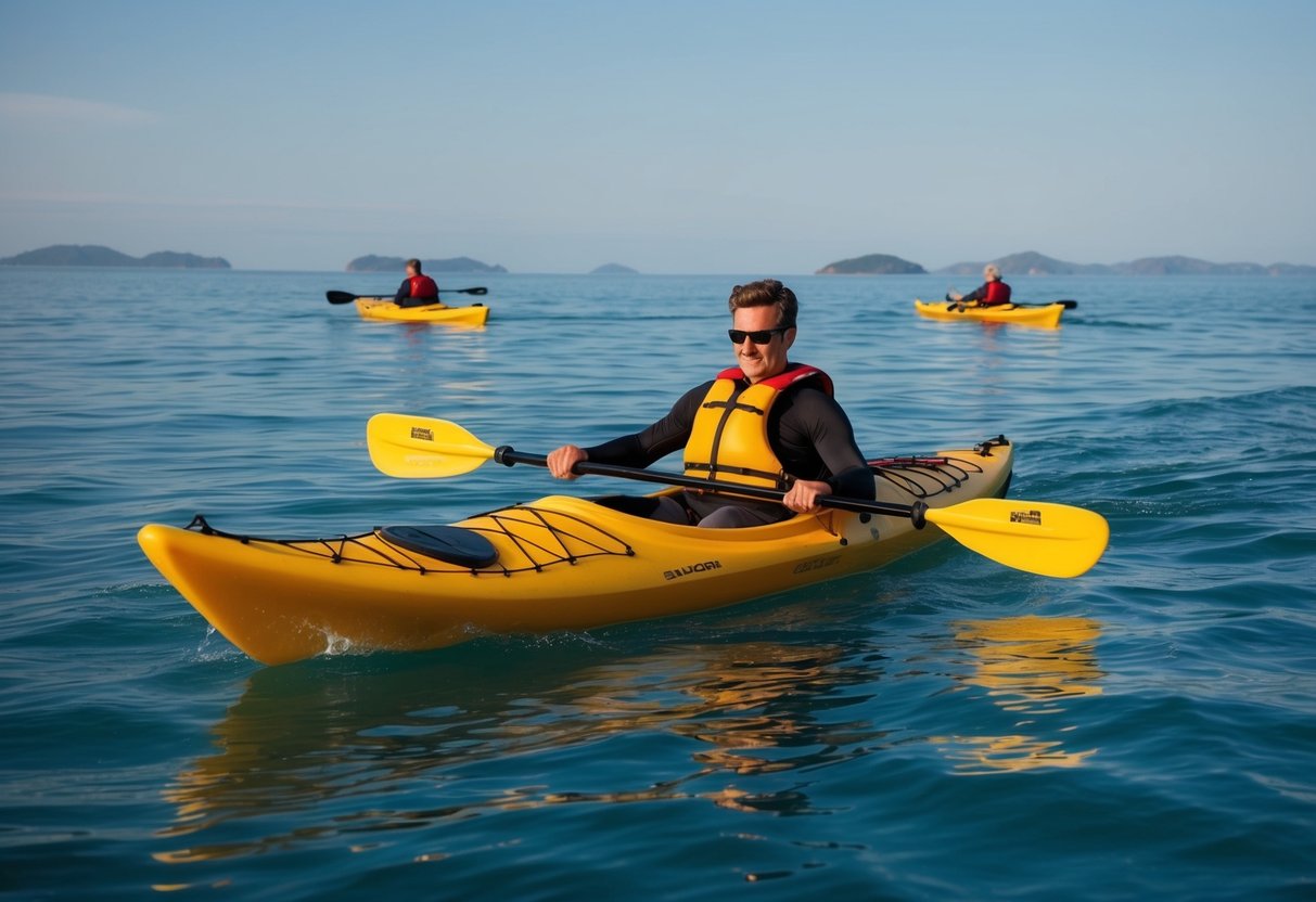 A sea kayak glides through calm waters, demonstrating various paddling techniques and skills. The serene ocean stretches out to the horizon, with distant islands dotting the seascape