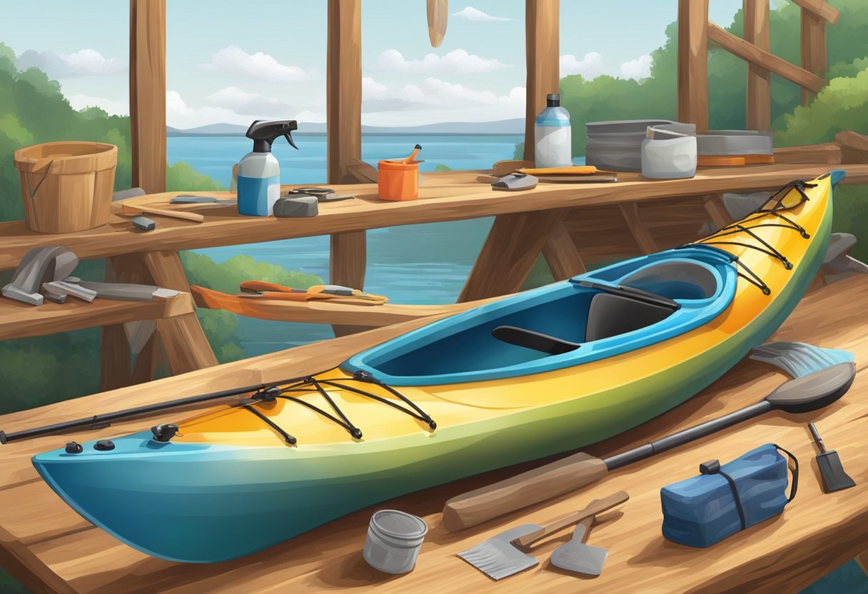 A composite kayak resting on a wooden rack, surrounded by maintenance tools and cleaning supplies. A person carefully inspecting the hull for any signs of wear and tear