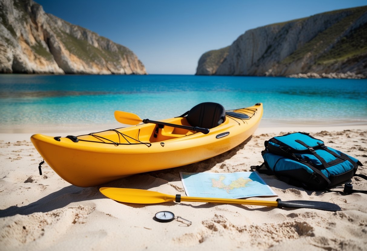 A sea kayak sits on a sandy beach, surrounded by rugged cliffs and clear blue waters. A map and compass lay on the sand, with a backpack and paddle nearby