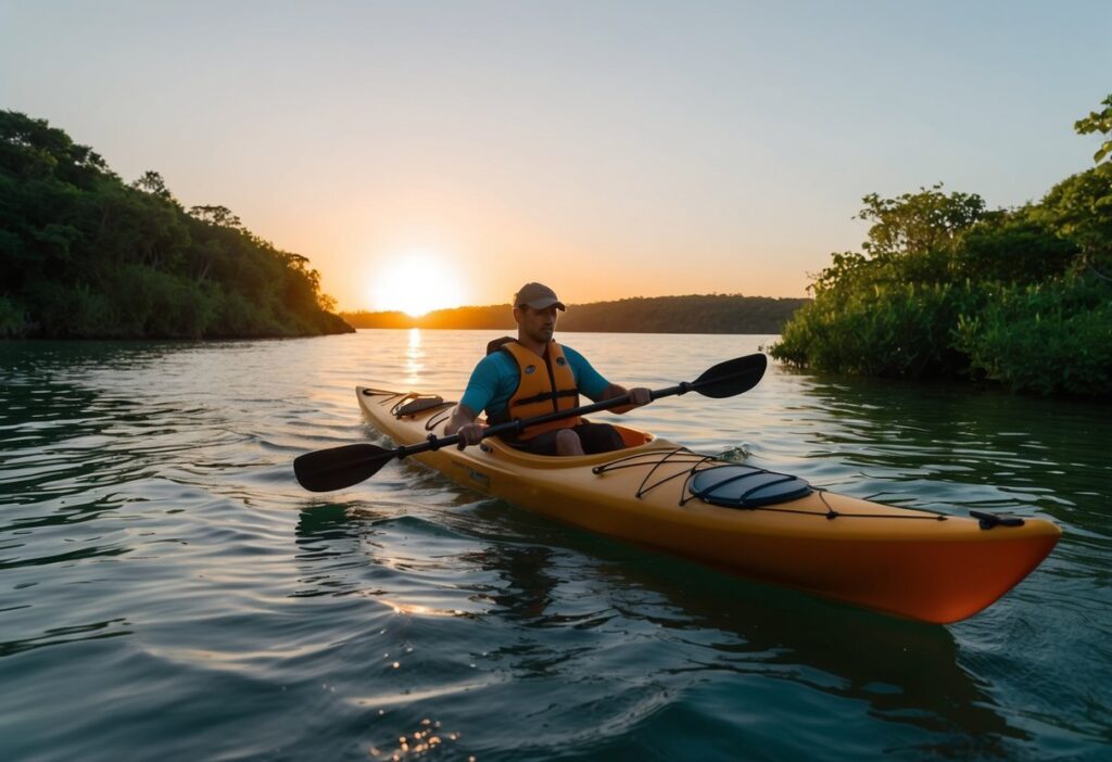 A serene sea kayaker glides through calm waters, surrounded by lush greenery and wildlife. The sun sets in the distance, casting a warm glow over the peaceful scene