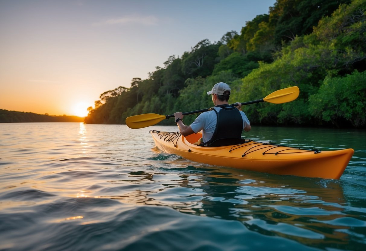 A sea kayaker paddles through calm waters, surrounded by lush greenery and wildlife. The sun sets in the distance, casting a warm glow over the serene scene