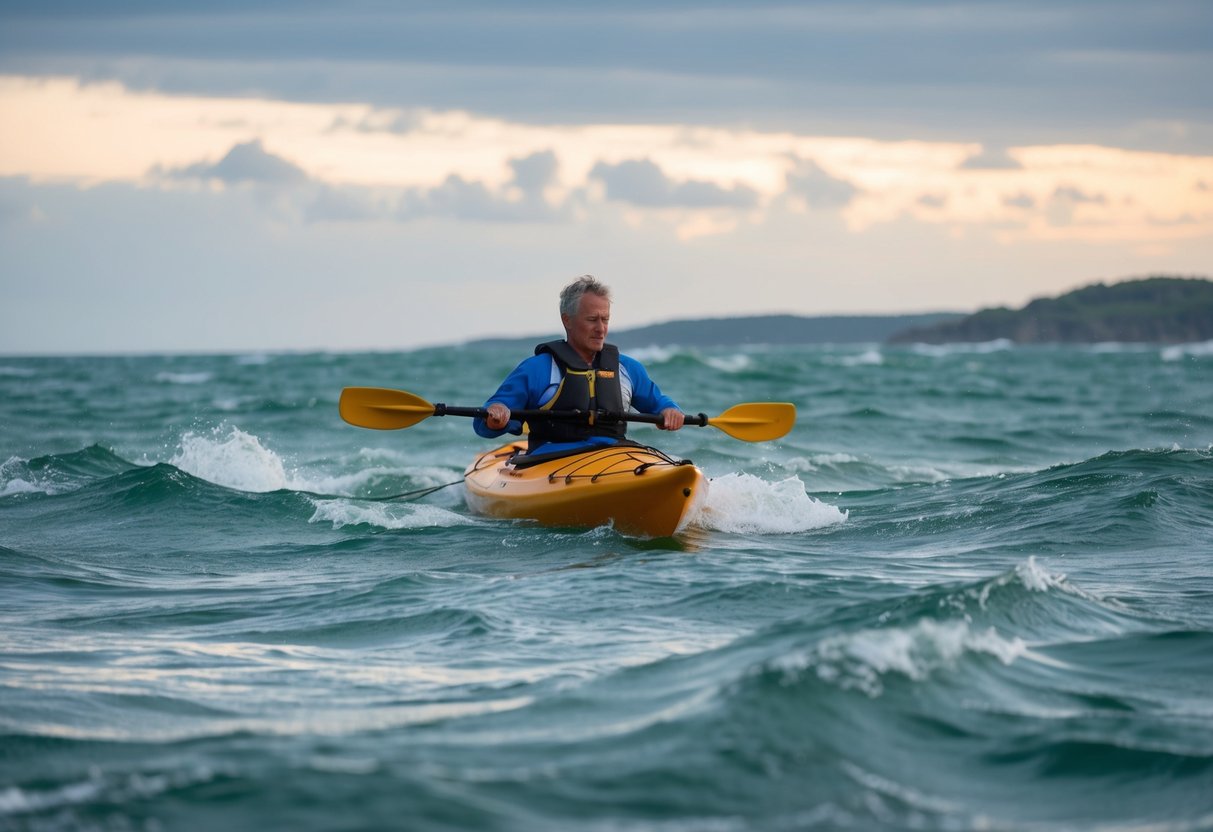 A sea kayaker navigates through choppy waters with wind and waves, surrounded by marine life and coastal scenery