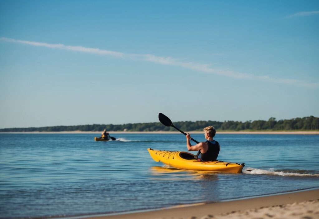 A sea kayaker launches from a sandy beach into calm waters, with a clear blue sky above and a shoreline in the distance