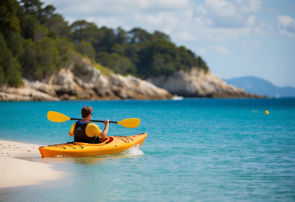 A sea kayaker smoothly launches from a sandy beach into calm, turquoise waters, with a rocky coastline in the background