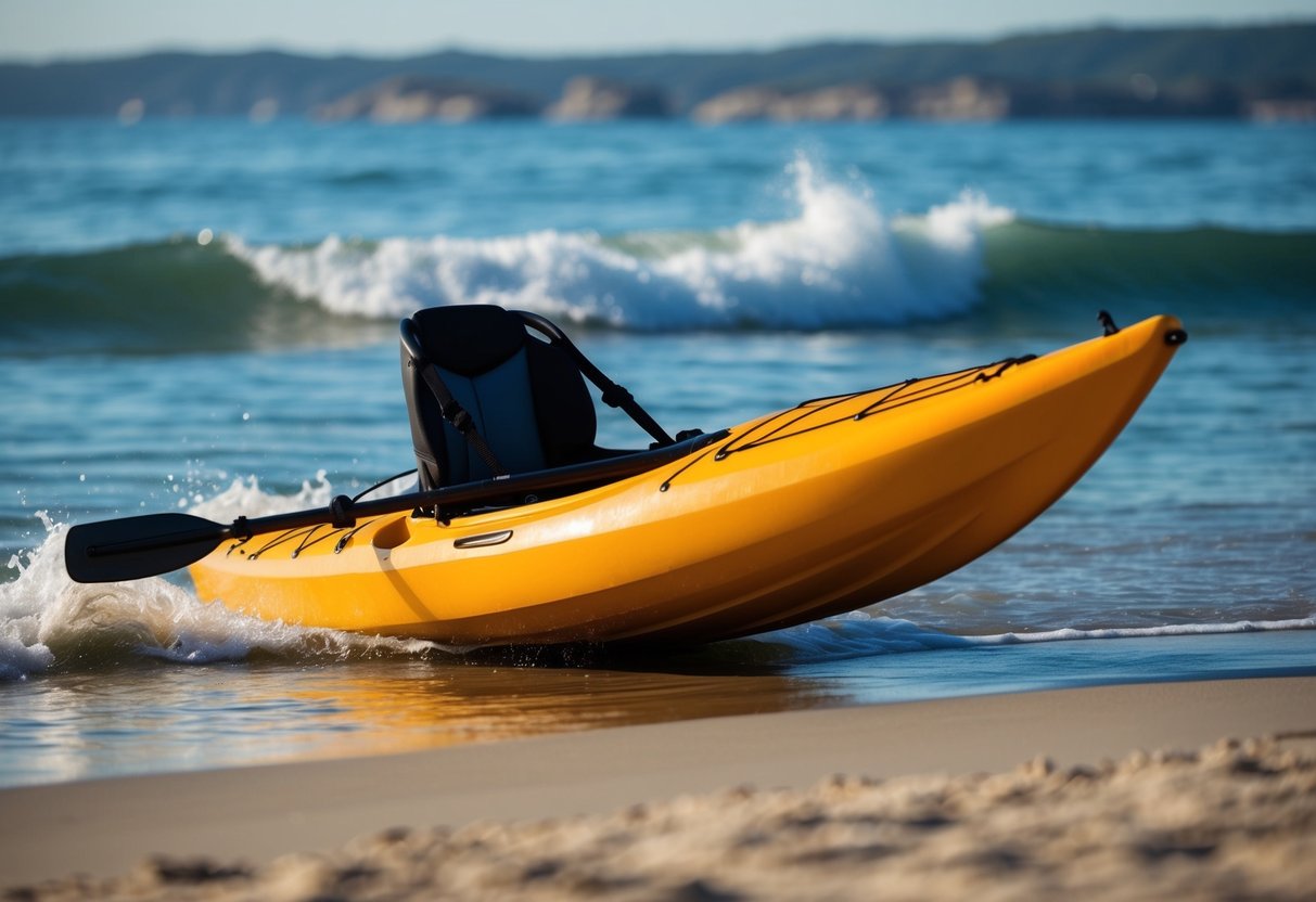 A sea kayak glides into the water from a sandy shore, paddles ready. Waves gently break as it lands back on the beach