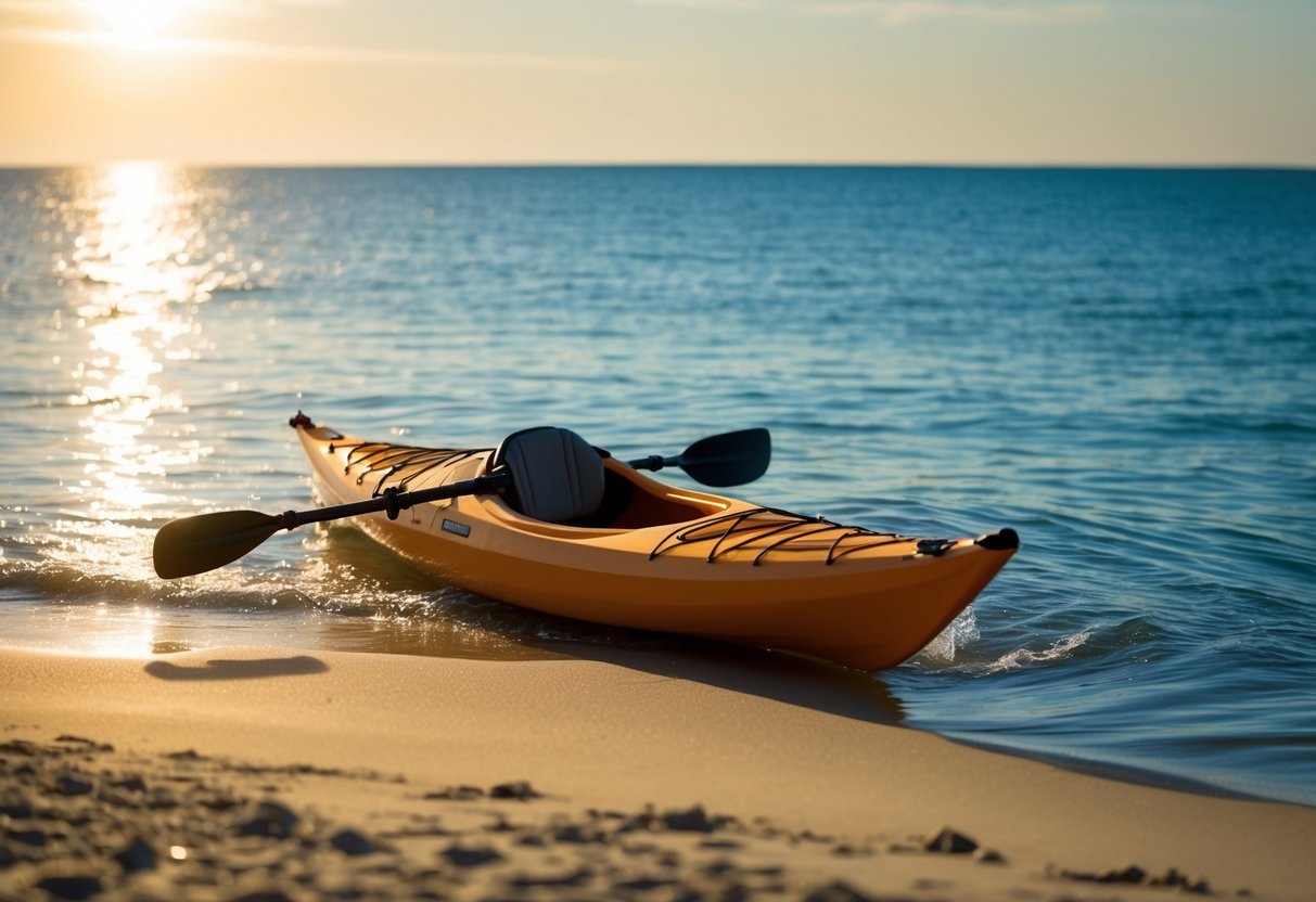 A sea kayak glides gracefully onto a sandy shore, its bow cutting through the water as it comes to a gentle stop. The sun glistens off the calm ocean, creating a serene and peaceful scene