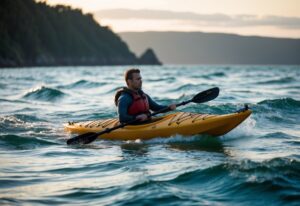 A sea kayak glides through rippling waters, surrounded by swirling currents and changing tides