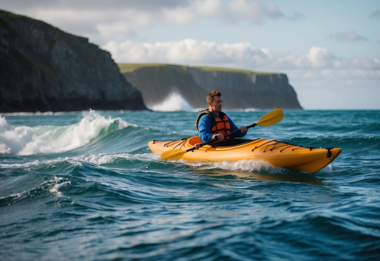 A sea kayak navigating through changing tides and currents, with waves breaking against rocky cliffs in the background