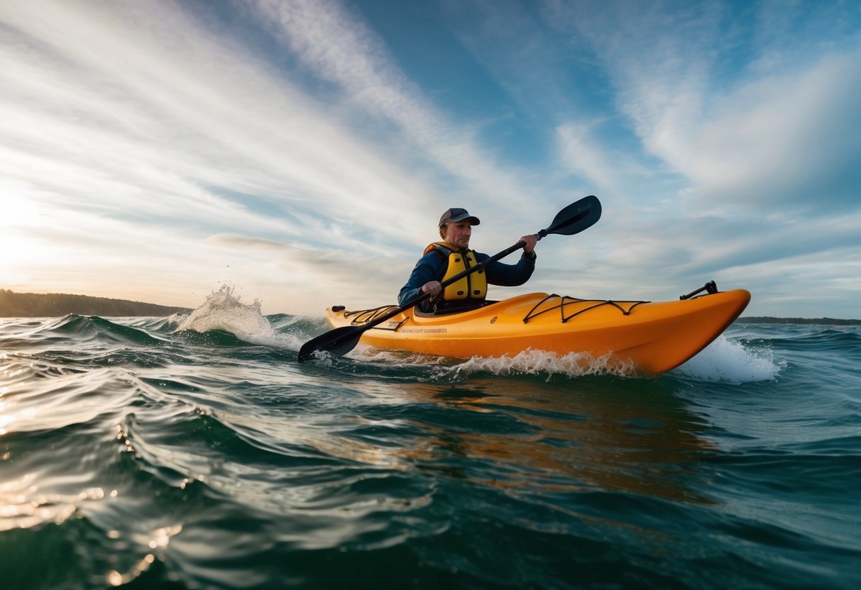 A sea kayak navigates through swirling tides and currents, demonstrating proper paddling techniques for safety