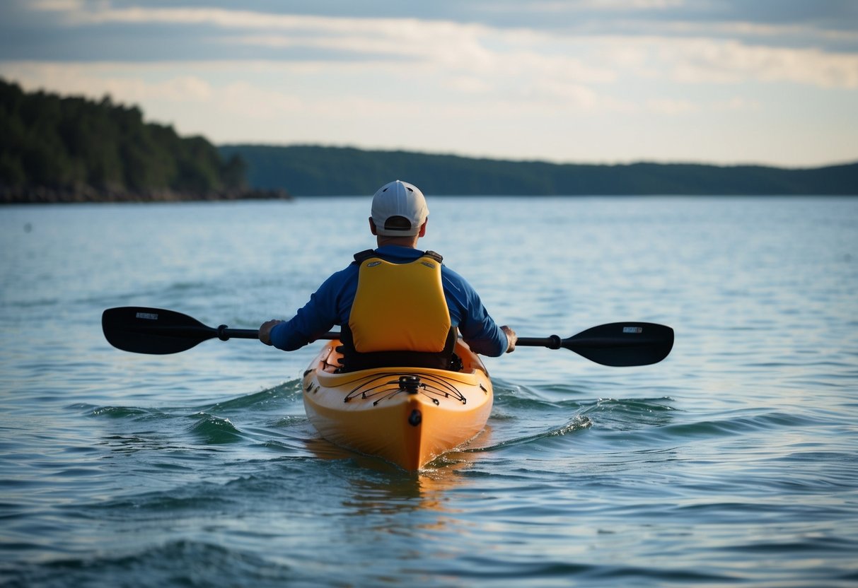 A sea kayaker navigates through calm waters, carefully observing the movement of the tides and currents to plan their adventure