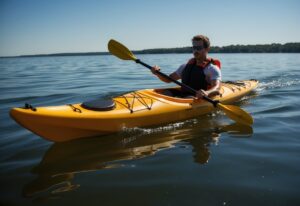 A sea kayak slicing through calm water, paddle dipping in and out, with a distant shoreline and a clear blue sky above