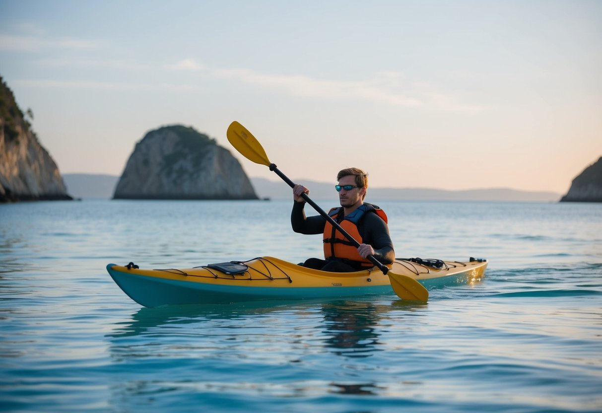 A sea kayaker paddling through calm, clear waters with a paddle in hand, surrounded by rocky cliffs and a serene ocean horizon