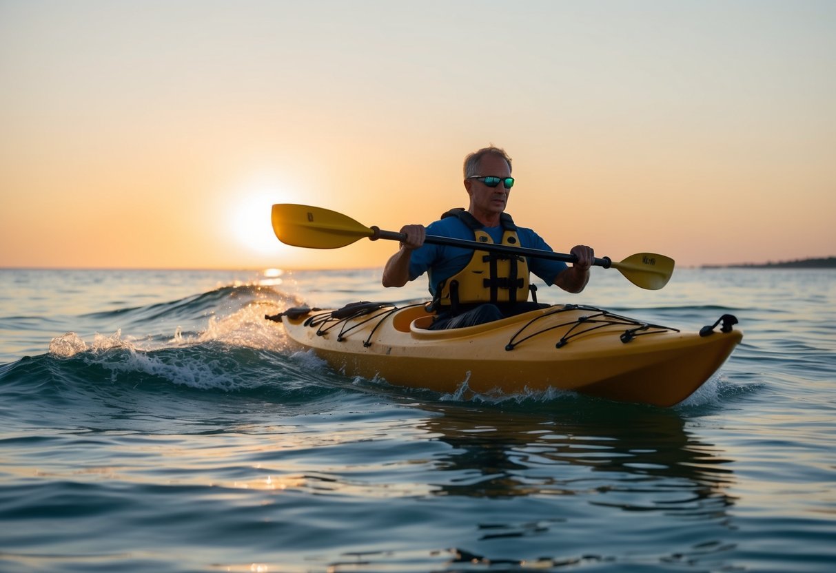 A sea kayak navigating through calm waters, with the kayaker demonstrating self-rescue techniques. Waves gently lap against the kayak as the sun sets on the horizon