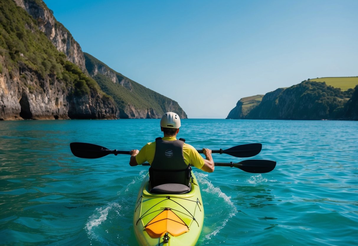 A sea kayaker paddling through calm, turquoise waters, surrounded by lush green coastal cliffs and a clear blue sky