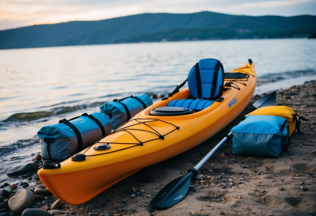 A sea kayak sits on the shore, surrounded by essential gear including a life jacket, paddle, spray skirt, and waterproof storage bags