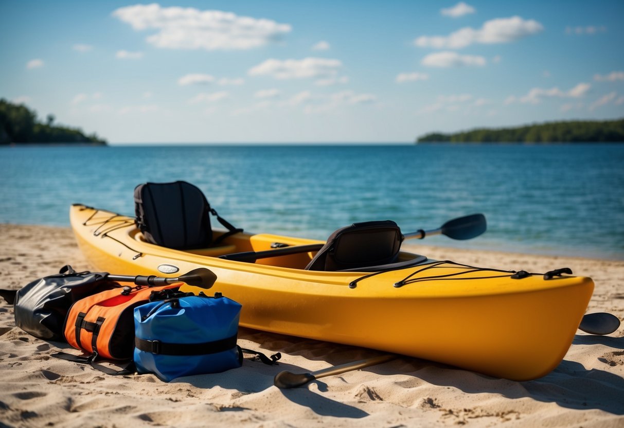 A kayak sits on a sandy beach, surrounded by paddles, life jackets, and waterproof bags. The sun shines on the calm, blue water