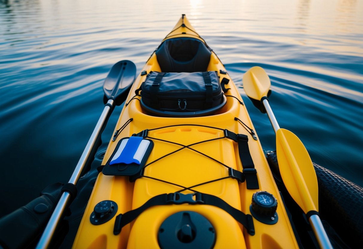 A sea kayak surrounded by essential gear including a paddle, life jacket, waterproof bag, and navigation tools