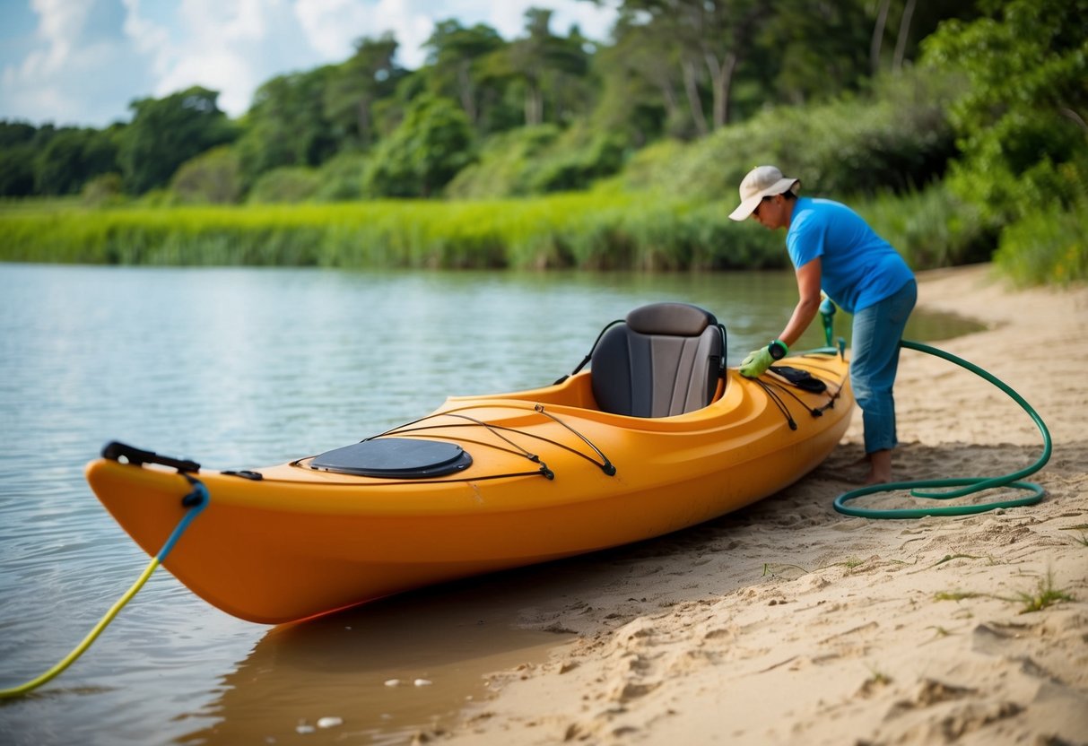 A kayak sits on a sandy shore, surrounded by calm water and lush greenery. A person stands nearby, scrubbing the kayak's surface with a brush and hose