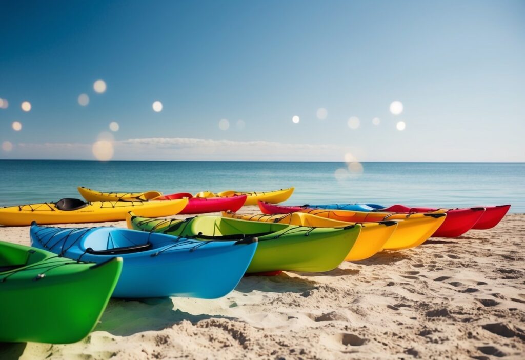 A group of colorful sea kayaks lined up on a sandy beach, with calm blue waters and a clear sky in the background