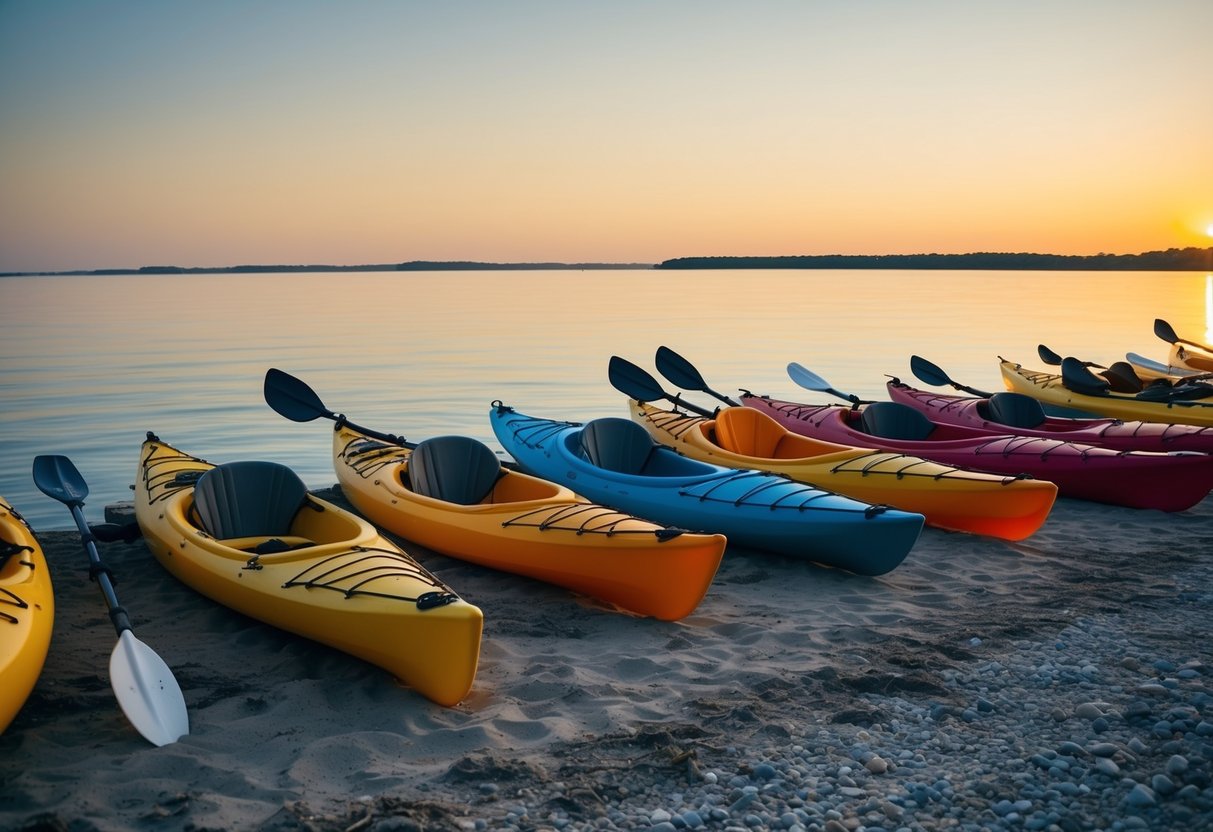 A calm sea with kayaks of various sizes and designs lined up on the shore, with a few paddles leaning against them. The sun is setting, casting a warm glow over the scene