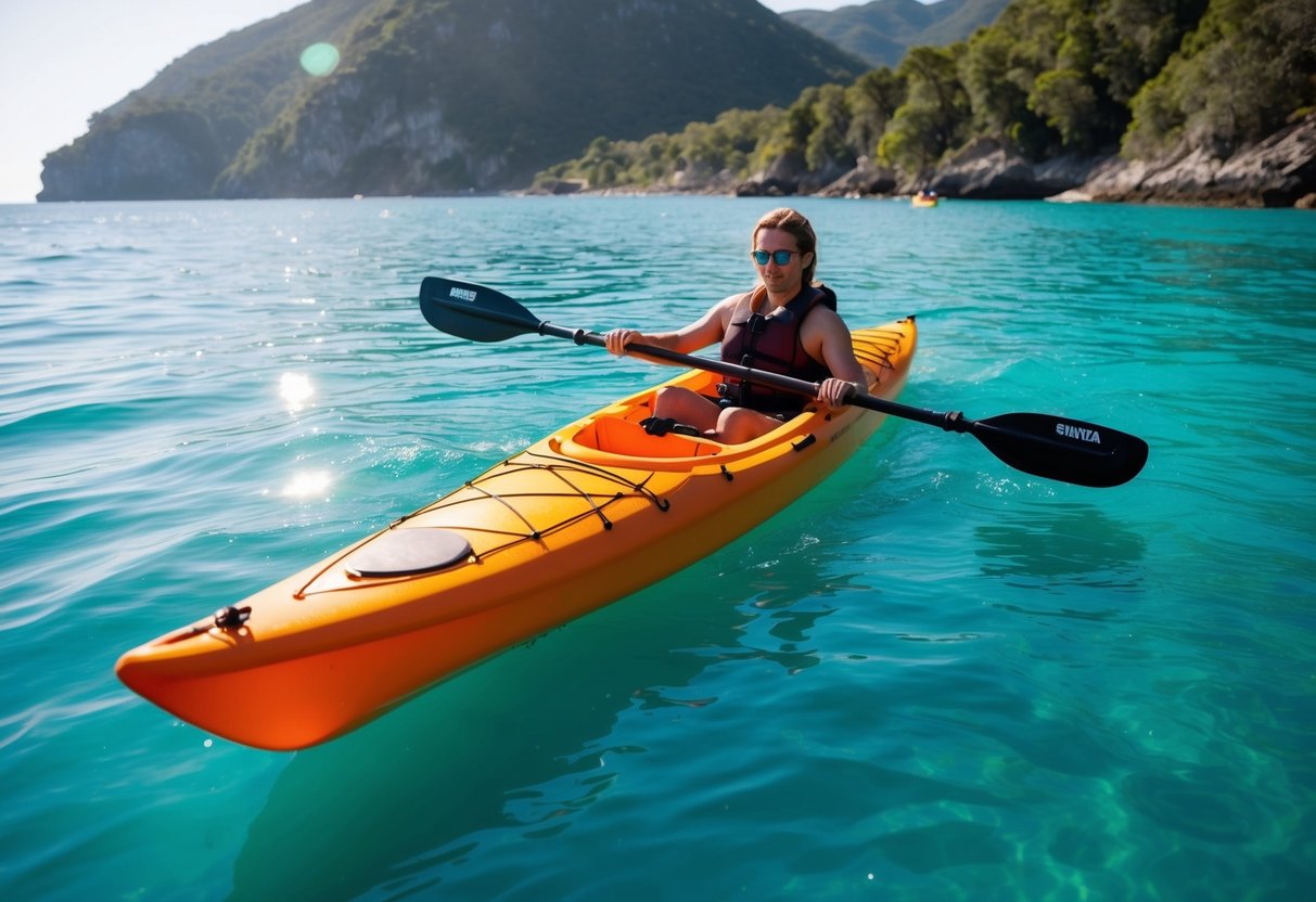 A sea kayak glides through calm turquoise waters, surrounded by rugged coastline and lush greenery. The sun shines down on the colorful kayak as it navigates through the serene seascape