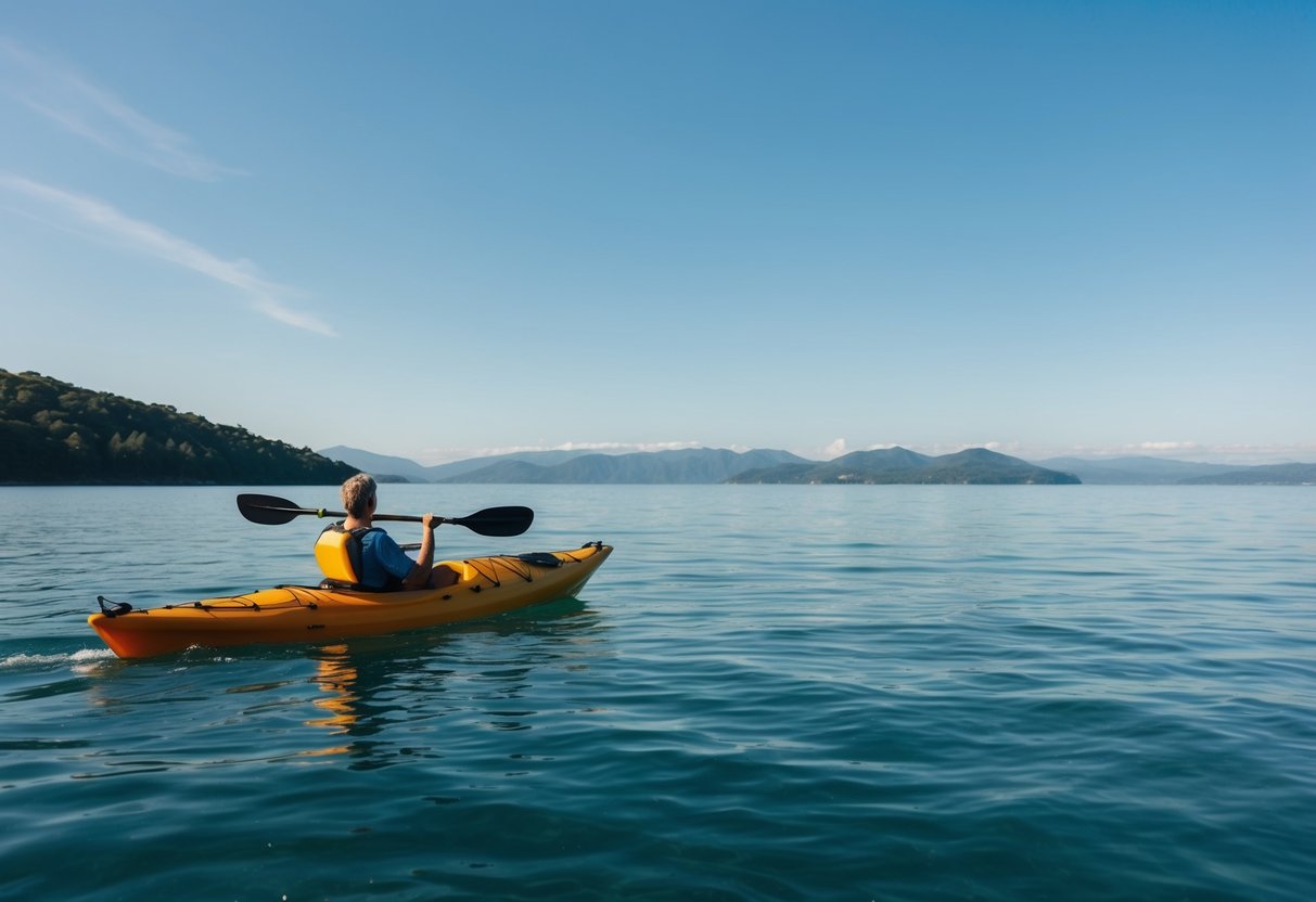 A calm sea with a clear blue sky, a sea kayak gliding through the water, surrounded by lush green coastline and distant mountains