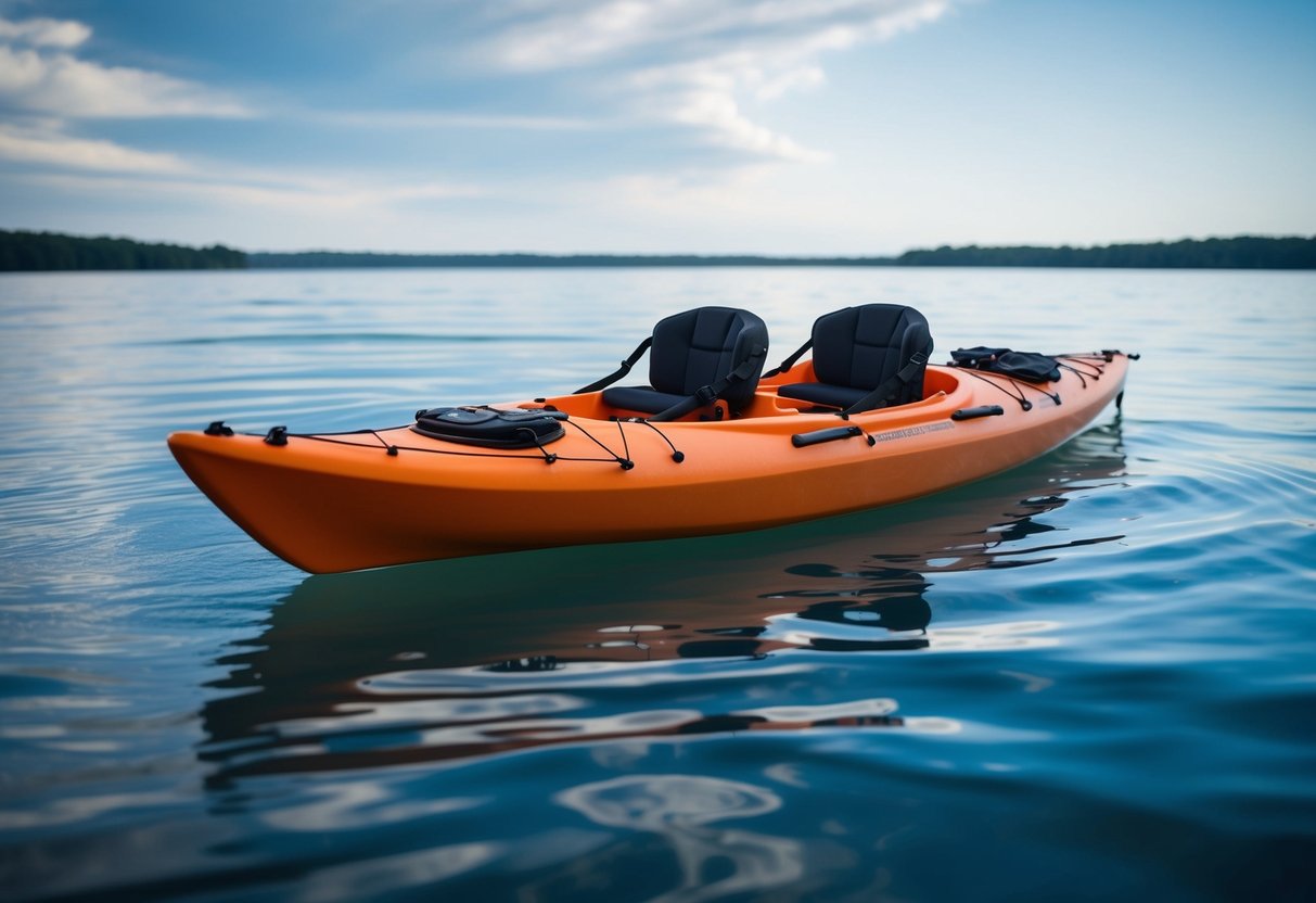 A sea kayak floating on calm, blue waters with a sleek, streamlined design and multiple storage compartments for gear