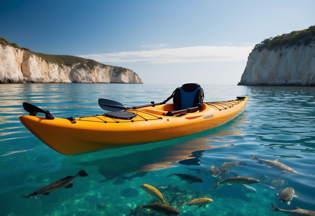 A sea kayak on a calm, clear ocean with a backdrop of rocky cliffs and a variety of marine life swimming beneath the surface