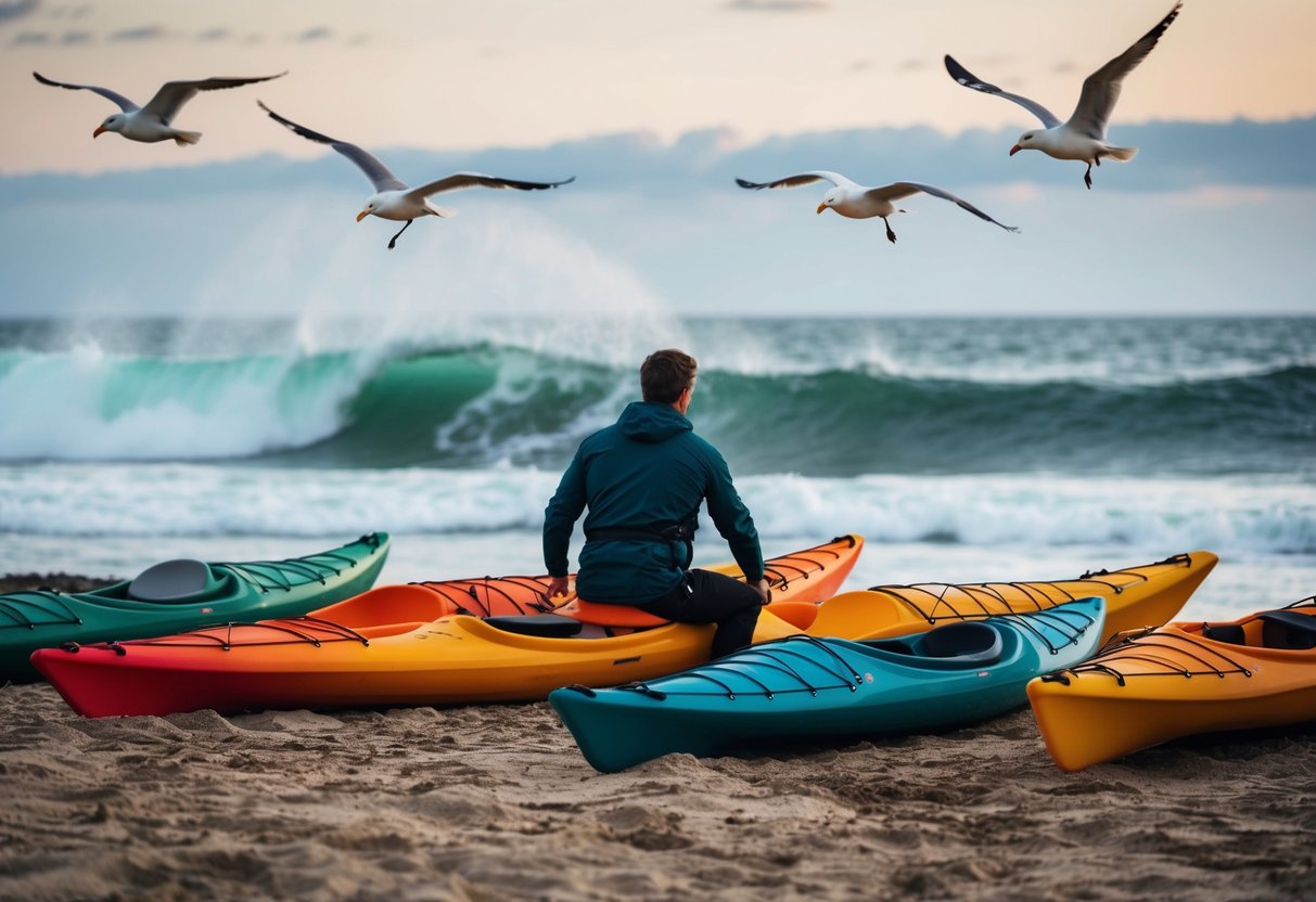 A person comparing different sea kayaks on the shore, with waves crashing in the background and seagulls flying overhead