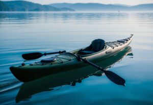 A sleek, long sea kayak glides through calm, blue waters, with a rudder and storage compartments for gear