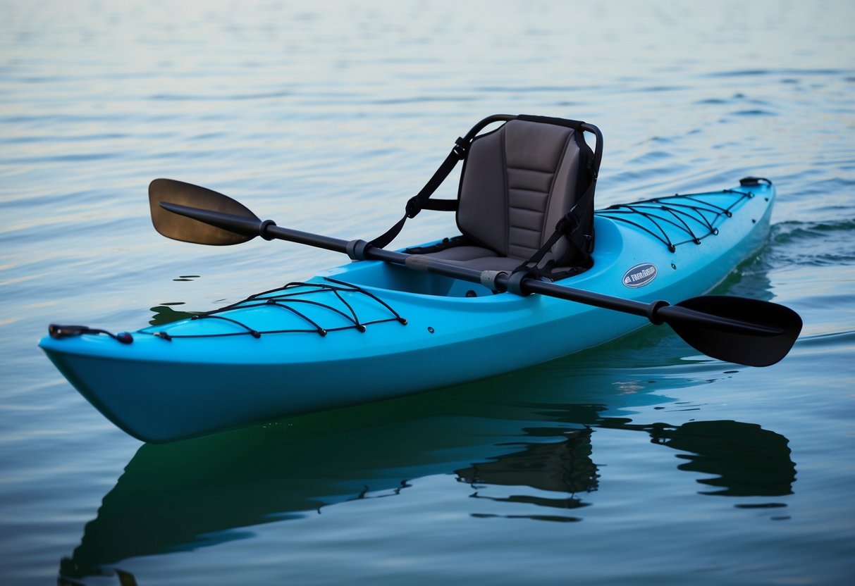 A sea kayak glides through calm, blue waters, with a sleek, narrow hull and a rudder for steering. It has ample storage space for gear and a comfortable, adjustable seat for long journeys