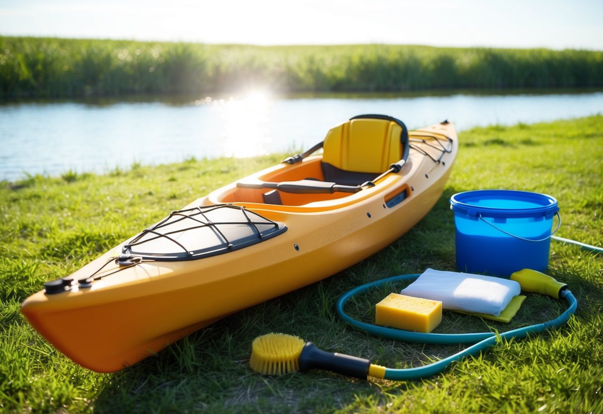 A kayak sits on a grassy shore, surrounded by cleaning supplies and equipment such as a sponge, brush, and hose. The sun shines down on the scene, creating a warm and inviting atmosphere