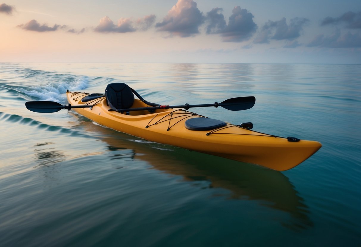 A sea kayak glides through calm ocean waters, with a sleek, narrow hull and a pointed bow cutting through the waves. The kayak is equipped with a rudder for steering and has ample storage space for long-distance journeys