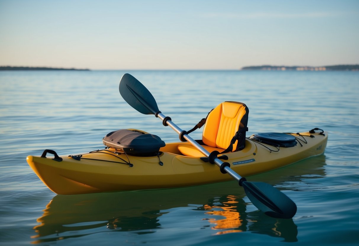 A sea kayak with a waterproof hatch, spray skirt, and paddle float, floating on calm ocean waters with distant land on the horizon