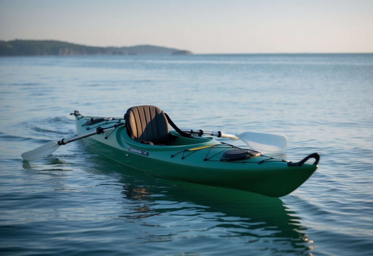 A sea kayak glides through calm waters, surrounded by open ocean and distant shores. The sleek, narrow design and pointed bow indicate its suitability for navigating the sea