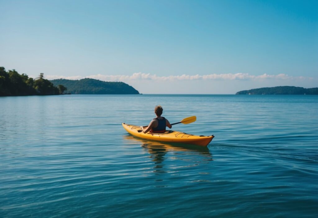 A serene ocean bay with calm waters and a single sea kayak gliding across the surface, surrounded by lush greenery and a clear blue sky