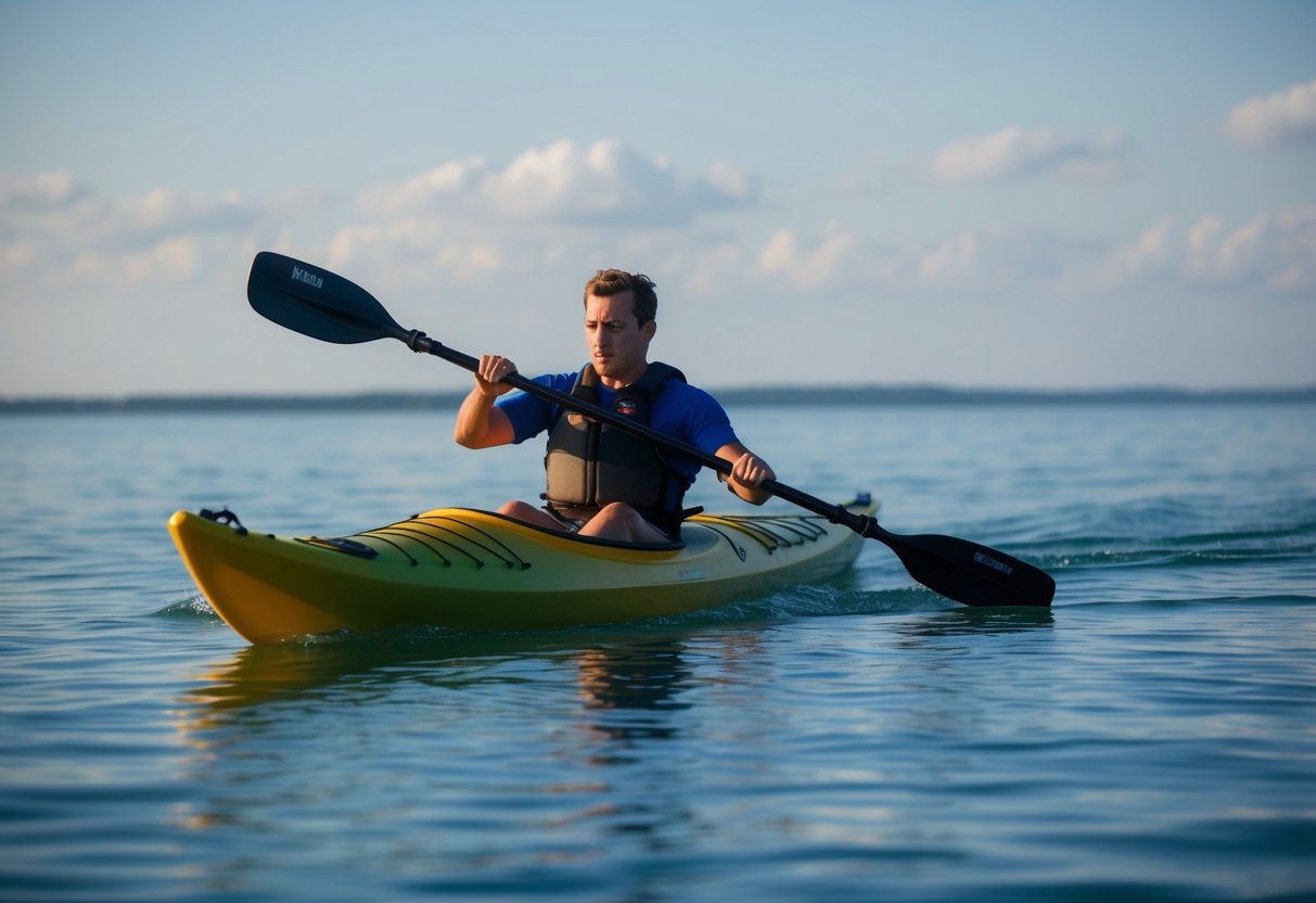 A sea kayak glides through calm waters, paddle slicing through the surface with precision. A paddler maintains perfect form, demonstrating proper technique