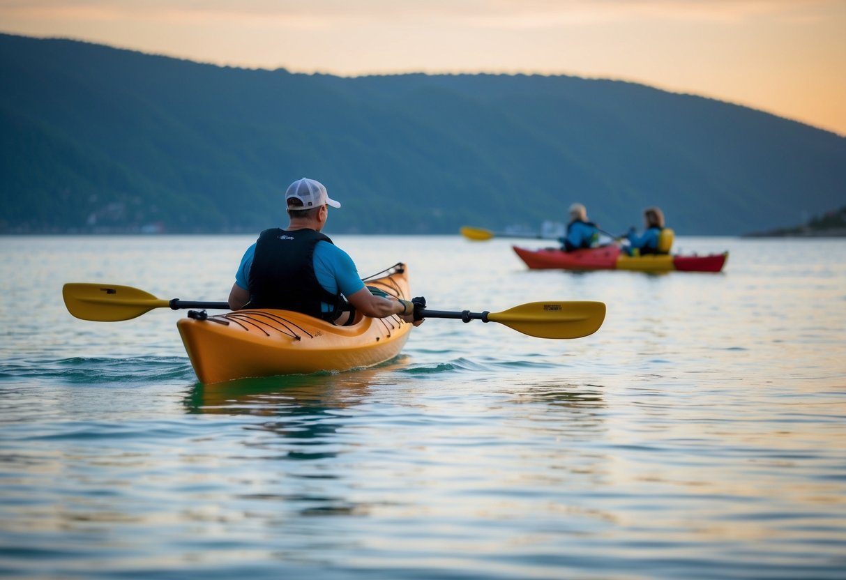 A serene coastal scene with calm waters, a colorful sea kayak, and a distant shoreline. A person is receiving instruction from an experienced guide