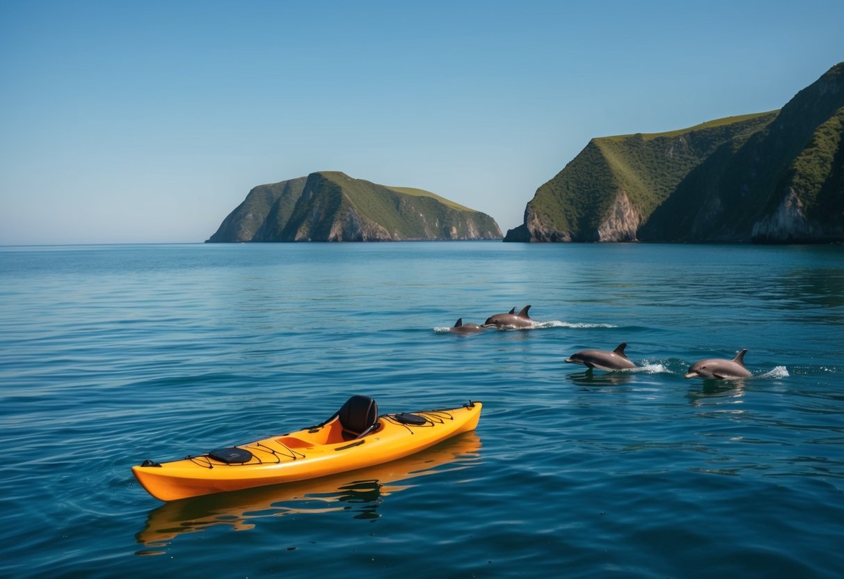 A calm ocean bay with a clear blue sky, a sea kayak floating on the water, surrounded by lush green coastal cliffs and a small group of dolphins swimming nearby