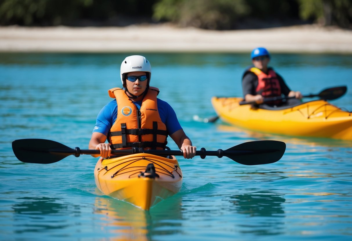 A sea kayaker practices self-rescue techniques in calm, clear water, wearing a life jacket and helmet. A safety instructor observes from a nearby kayak